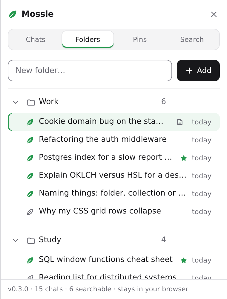 The Folders tab with two folders, Work and Study, and the chats inside each.