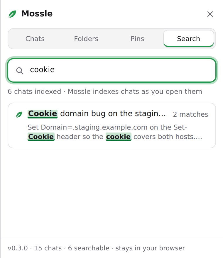 The Search tab with the word cookie typed in and one highlighted result.